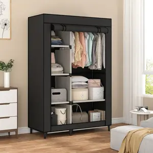 Portable Closet Organizers, Clothing Storage, Wardrobe with 6 Shelves and Hanging Rod, Non-Woven Fabric Cover with 4 Side Pockets, Black Calmootey
