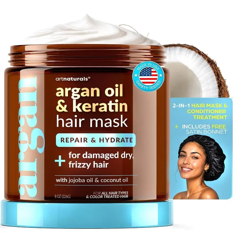 ArtNaturals 2-Step Deep Repair Hair Mask for Damaged Hair - Intensive Treatment for Dry, Damaged & Color-Treated Hair - Argan oil Deep Conditioner w/ Silk Bonnet to Drive Deeper Penetration 8 oz