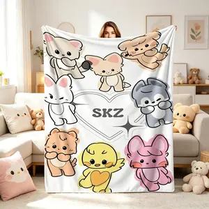 SKZ Cartoon Character Flannel Blanket, Soft Warm Cozy Throw for Adults Kids, Sofa Bed Car Office All Season Kpop Fan Gift Room Decor