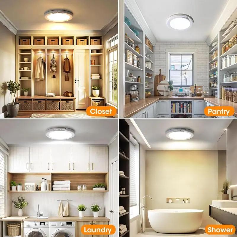 Rechargeable Ceiling Light 4-Pack, 3 Color Modes, Motion Sensor with Remote, Wireless Battery-Operated Magnetic LED Lights for Shower, Closet, Pantry, Shed, Hallway, Porch, Garage