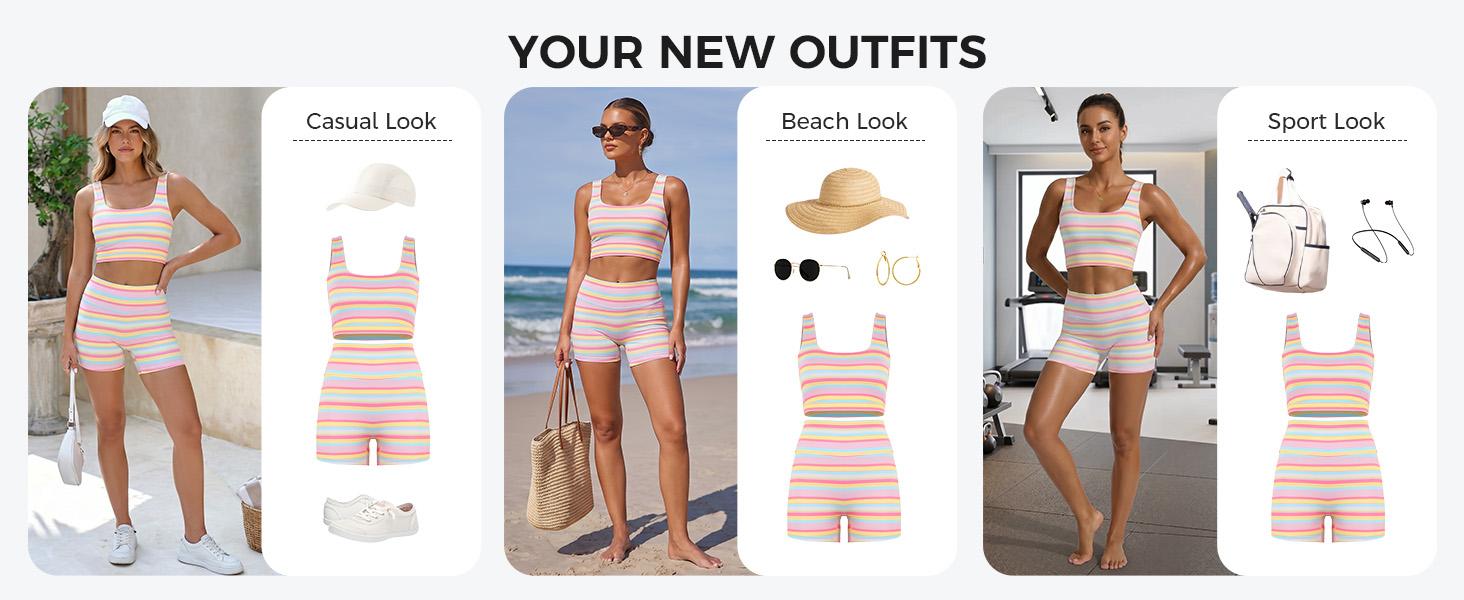 FISOEW Women’s Rainbow Stripe 2 Piece Workout Set Sleeveless Crop Tank Top High Waist Biker Shorts Matching Lounge Outfit
