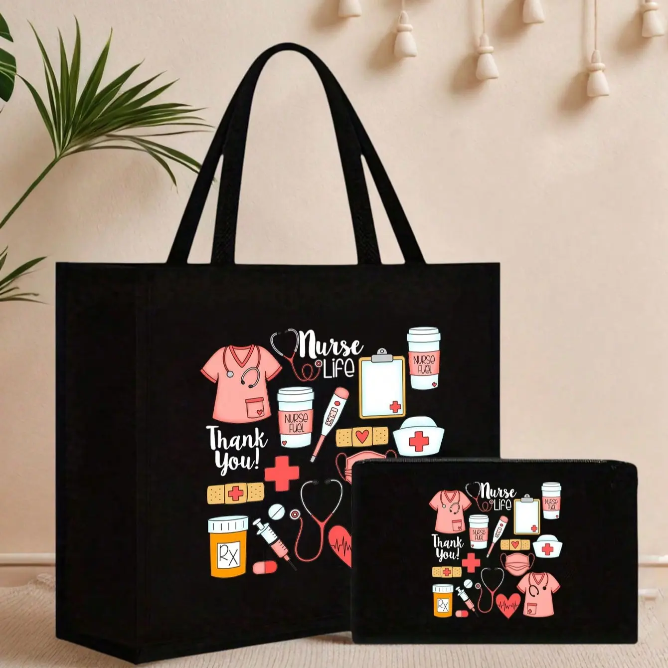 Nurse Theme Handbag and Makeup Bag Set, Large Capacity Shopping Bag, Reusable Linen Structure, Perfect Gift for Nurses, Makeup Pouch