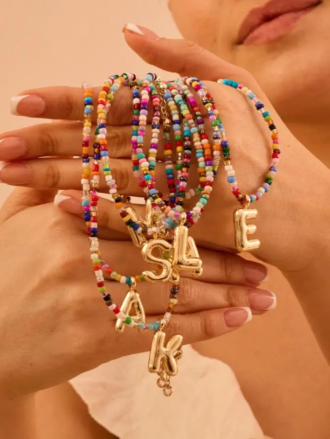 Women's Colorful Letter Necklace – Beaded Bubble Necklace, Boho Beach Style