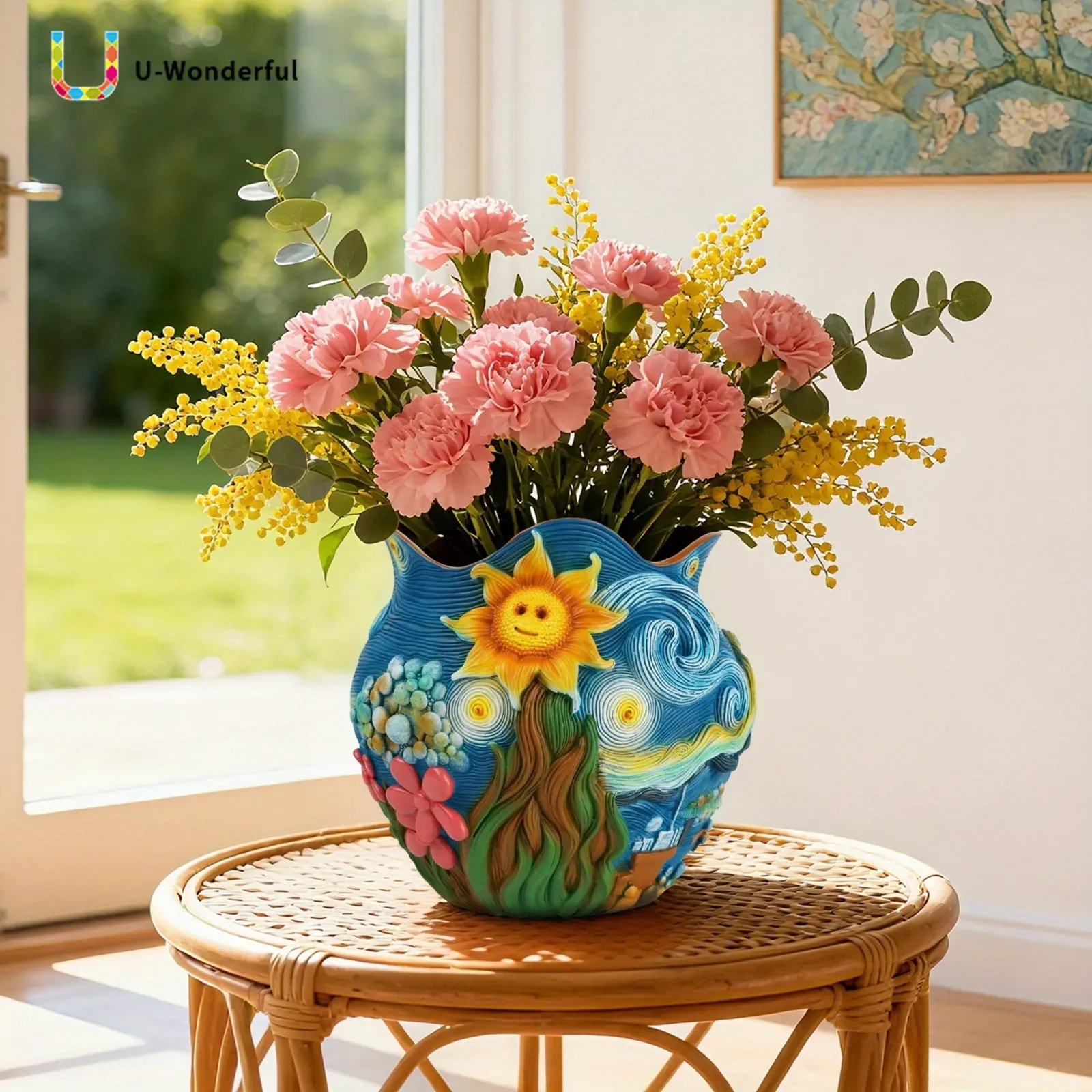 u-wonderful Decorative Polyresin Vase - Artistic Design Cylinder Vase, Custom Decorated Van Gogh Inspired Hand-Painted, Starry Night & Sunflower Art, 0-50 cm Home Decor for Tabletop or Fireplace Center Display, Artistic Design Vases