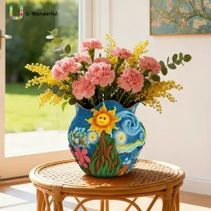 u-wonderful Van Gogh Inspired Polyresin Vase - Hand-Painted Cylindrical Flower Pot, Starry Night & Sunflower Art, 0-50 cm Home Decor Ornaments for Tabletop or Fireplace Center Display