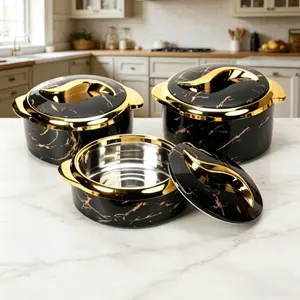 3Pcs Marble Gold Ceramic Bowl Set with Lid, Anti-scald Double Ears Rice Bowl, Multi-function Food Container for Home Kitchen        11