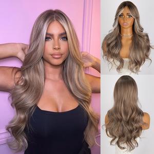 SMILCO 24Inch Highlight Brown Gray Synthetic Wig With Curtain Bangs Long wave  Hair SM382 Pre Styled Wig