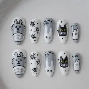 White Grey Anime Totoro Press On Nails,Handmade Black Cat,Green Leaf ,Wedding ,Party Manicure,Birtdhay Gift For Her