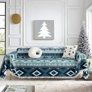 Blue Geometric Sofa Throw Blanket, Boho Style Fringe Design, Full Coverage Couch Cover, Pet Scratch Protection, Non-Slip Furniture Protector, Sofa Couch Covers
