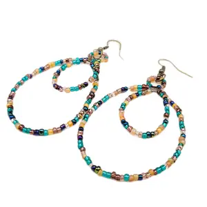 Handmade Beaded Dangle Earrings, Dark Jewel Toned 2mm Glass Seed Beads, Antique Bronze Fishhook Ear Wires, Approx. 2.75 inches Long, One of a Kind