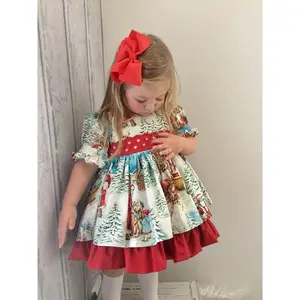 NewGirls' Christmas Party dress with Red & White Polka bow - Winter Wonderland Snowflakes & Reindeer Print - Soft Pastel blue & red A-Line Birthday or Christmas Outfit - Machine Washable for,, Girls - Festive Holiday - Round Neck Loose Fit Non-Stretch Fab