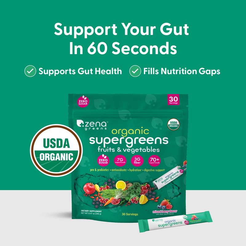 Zena Nutrition Organic Supergreens 30 Stick Packs 70+ Superfoods 3g Fiber Zero Sugar Antioxidants Prebiotics Probiotics Digestive Enzymes Mushrooms USDA Organic Gluten-Free Vegan Non-GMO Dietary Supplement - Healthcare