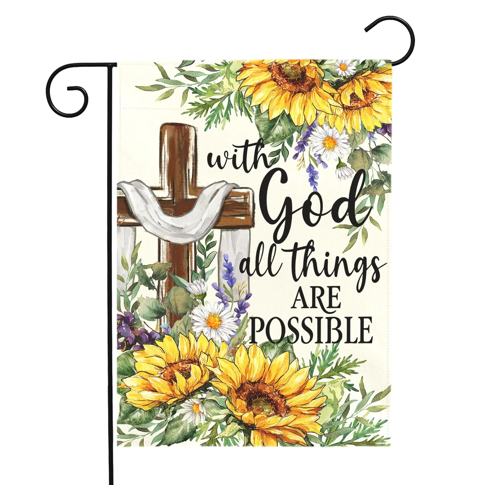 12x18 in Double-Sided Sunflower Christian Garden Flag, Cross Motif Outdoor Decor with "God All Things Are Possible" Design, Religious Faith Porch Decor for Spring Front Lawn