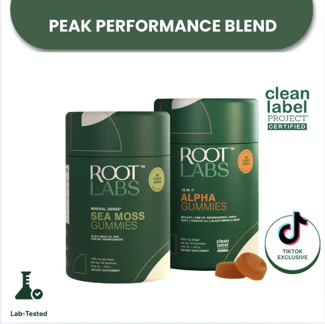 Root Labs 10-in-1 Alpha + Sea Moss Combo | New Year New Me Edition | Himalayan Shilajit + 92-Mineral Sea Moss | KSM-66 Ashwagandha, Maca, Tongkat Ali, Black Seed Oil | No Added Sugar | 60 + 60 Individually Wrapped Gummies | Transform Your Health Goals