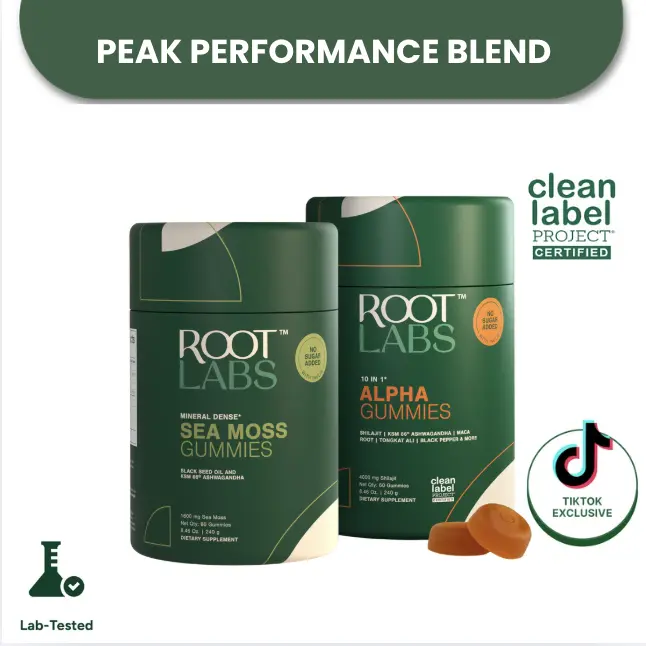 Root Labs 10-in-1 Alpha + Sea Moss Combo | New Year New Me Edition | Himalayan Shilajit + 92-Mineral Sea Moss | KSM-66 Ashwagandha, Maca, Tongkat Ali, Black Seed Oil | No Added Sugar | 60 + 60 Individually Wrapped Gummies | Transform Your Health Goals