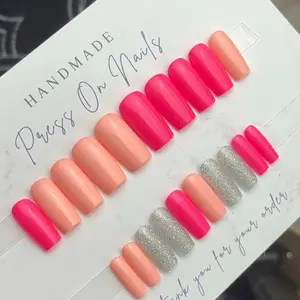 Medium square Press on nails silver glitter neon pink peach handmade gel