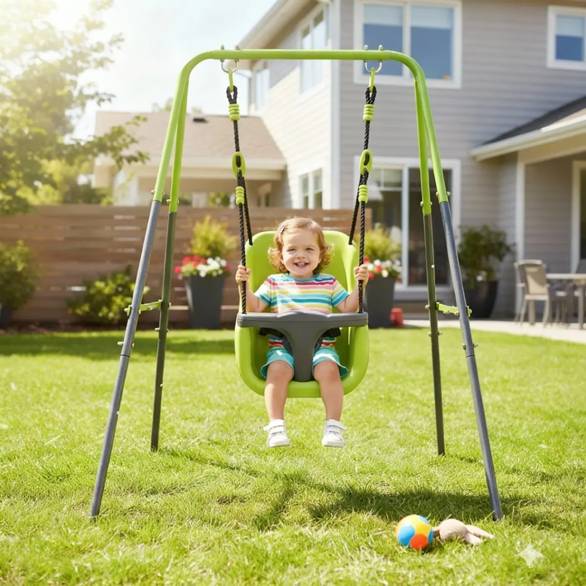 Bright Unisex Metal Indoor-Outdoor Portable Baby Swing Electric Cradle for Infants, 145 Cm * 94 Cm * 118 Cm Hanging Hammock with Safety Seat, Remote Control, Adjustable Speed for Living Rooms