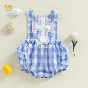 Easter Baby Girls Plaid Romper Fashionable Cute Cross Embroidery Sleeveless Ruffle Jumpsuit
