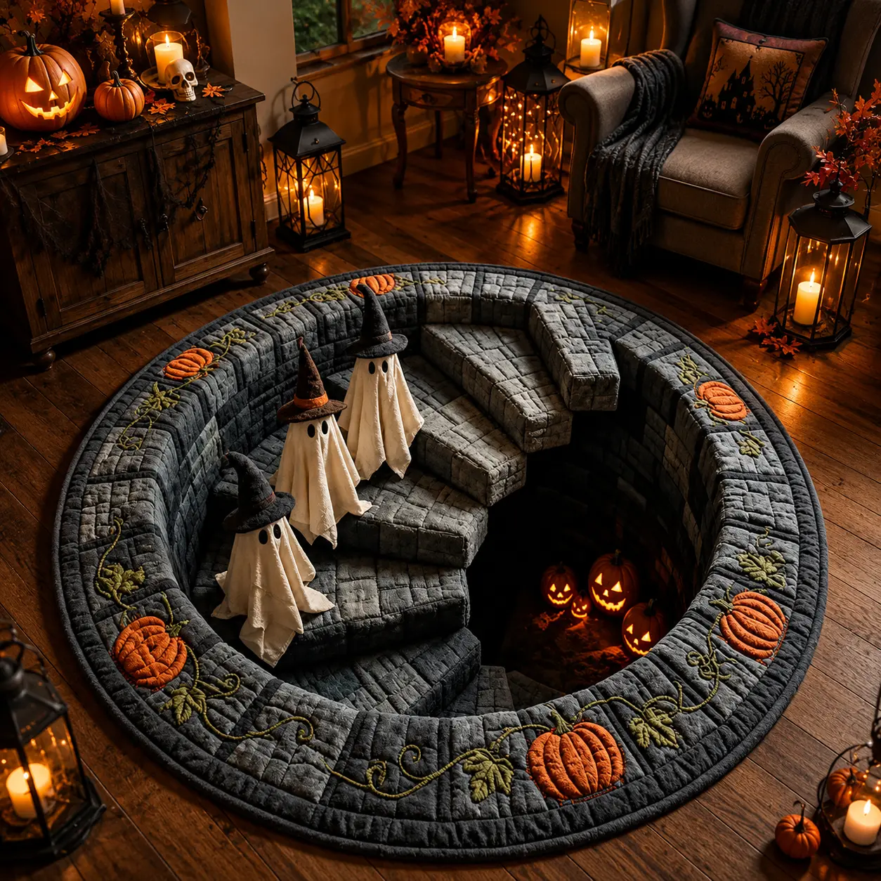 32-Inch Round 3D Haunted Staircase Rug, Halloween Optical Illusion Area Mat with Ghosts, Pumpkins, Cauldron, Soft Non-Slip Indoor Household Textile Decor