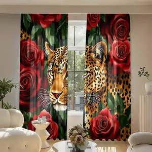 2 pieces of leopard print and rose pattern curtains - high-definition digital printing, polyester material with semi-transparency, machine washable, suitable for bedrooms, living rooms, and home curtain decoration