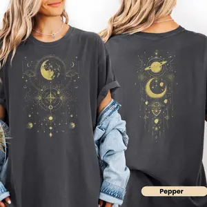 2 Side Comfort Color Celestial Cosmic Moon Shirt, Planet Saturn Astrology Spiritual Tee, Casual Cool, For Every Occasion, Cozy Fit, Perfect for Any Season