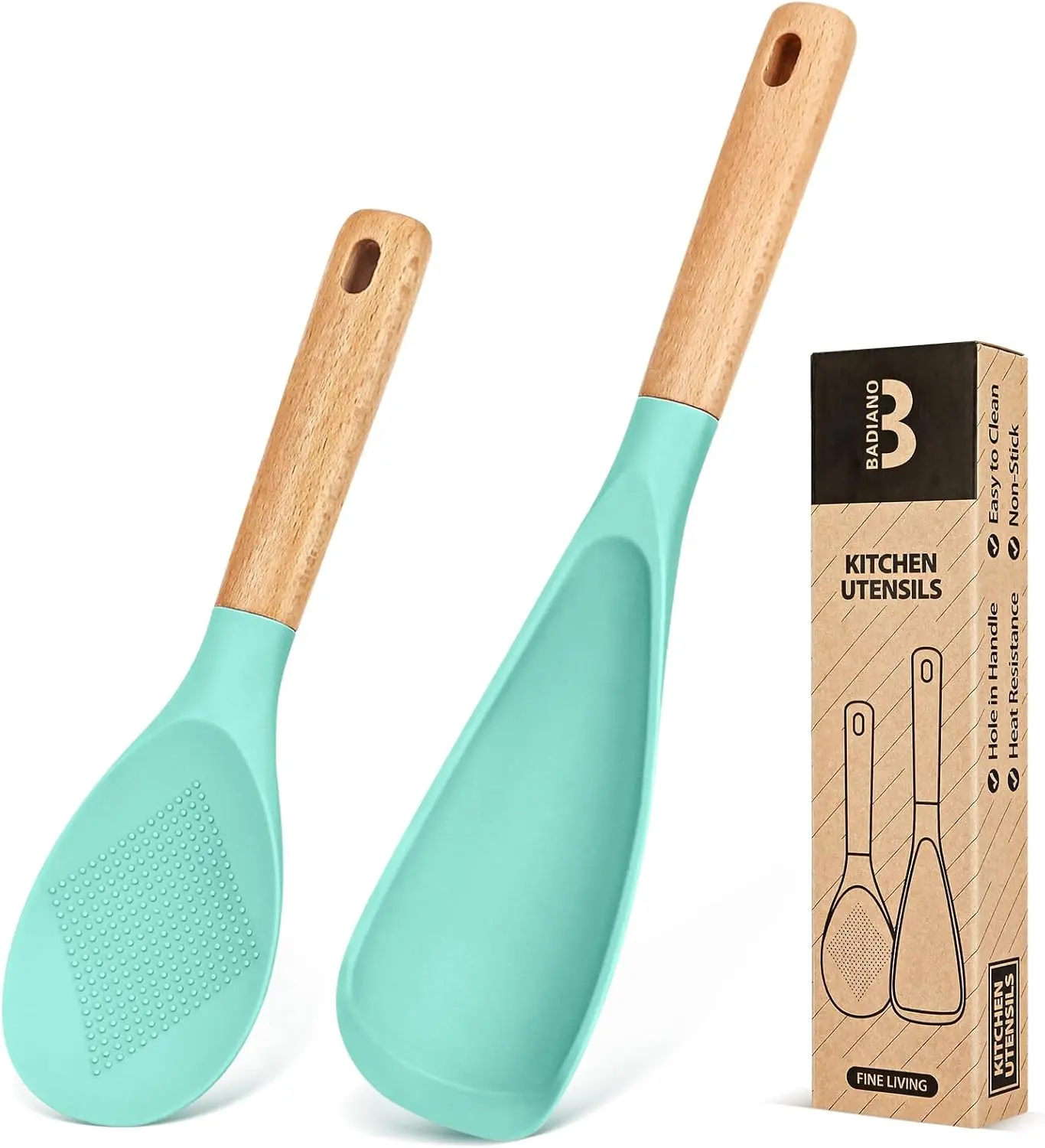 Cooking Spoon and Rice Scooper for Nonstick Cookwares, Great for Cooking and Serving Sturdy Bpa-Free Matte Silicone, Wood Handle Spoon for Mixing, Scoop, and Scrape (GREEN) Badiano