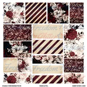 Dark Romance 4 Patchwork Element Sheet – Burgundy Roses & Vintage Stripes – Pre-Cut Printed Vinyl (10x10 or 12x12)