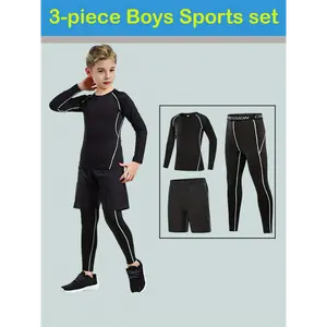 Boys' 3-Piece Athletic Sportswear Set - Long Sleeve Top, Leggings, Shorts - Professional Training Tracksuit, Casual Workout Clothes