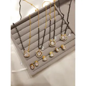 Dainty Gold plated black bead mangalsutra necklace set