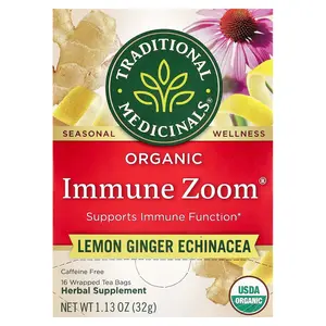 Traditional Medicinals Organic Immune Zoom®, Lemon Ginger Echinacea, Caffeine Free, 16 Wrapped Tea Bags, 1.13 oz (32 g)