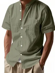 Men's Stand Collar Short Sleeve Shirt, Textured Half Button Front Chest Pocket Top, Breathable Casual Business Versatile Blouse