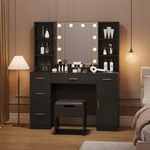 Vanity Desk, LED Lighted Mirror, Makeup Vanity, 10 LED Lights, 5 Metal Sliding Drawers, 3 Color Adjustable Brightness, 6 Open Shelves, Dressing Table, Vanity Table for Women & Girls