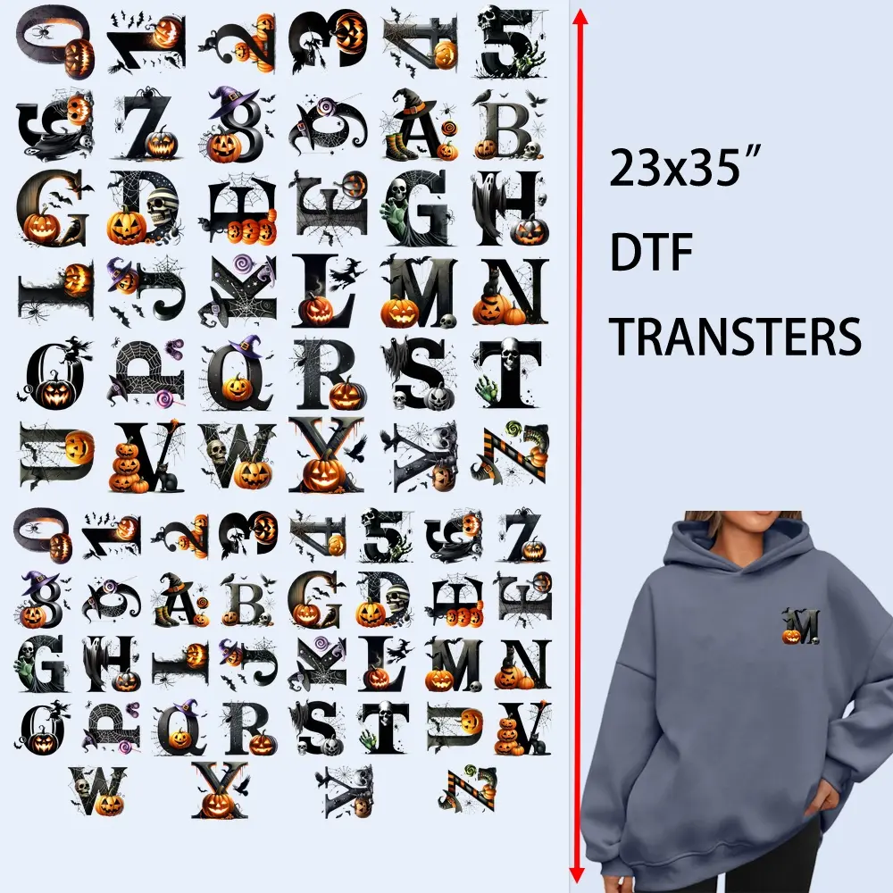 72 PCS/Set Iron on Transfers Halloween Pumpkin Alphabet & Numbers DTF Transfer Set DTF Transfers Ready to Press Heat Transfer Stickers Iron on Decals for T Shirts Hoodie DIY Crafts Summervibes