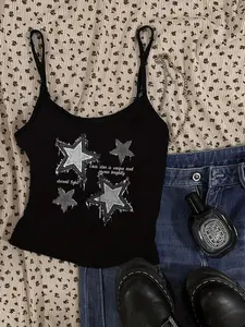 Women's Star Print Crop Cami Top, Y2K Fashion Casual Adjustable Strap Top for Daily Outdoor Wear, Ladies Clothes for All Seasons, Cropped Cami Top