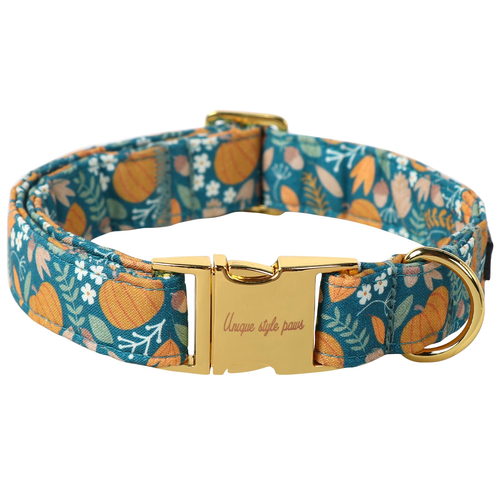 Green Pumpkin Print Flower Paws Dog Collar - Cotton Fabric, Chew Resistant, Adjustable Fit, Durable Metal Buckle, Multi-Size Halloween Collar for Small, Medium & Large Dogs, Skin-Friendly