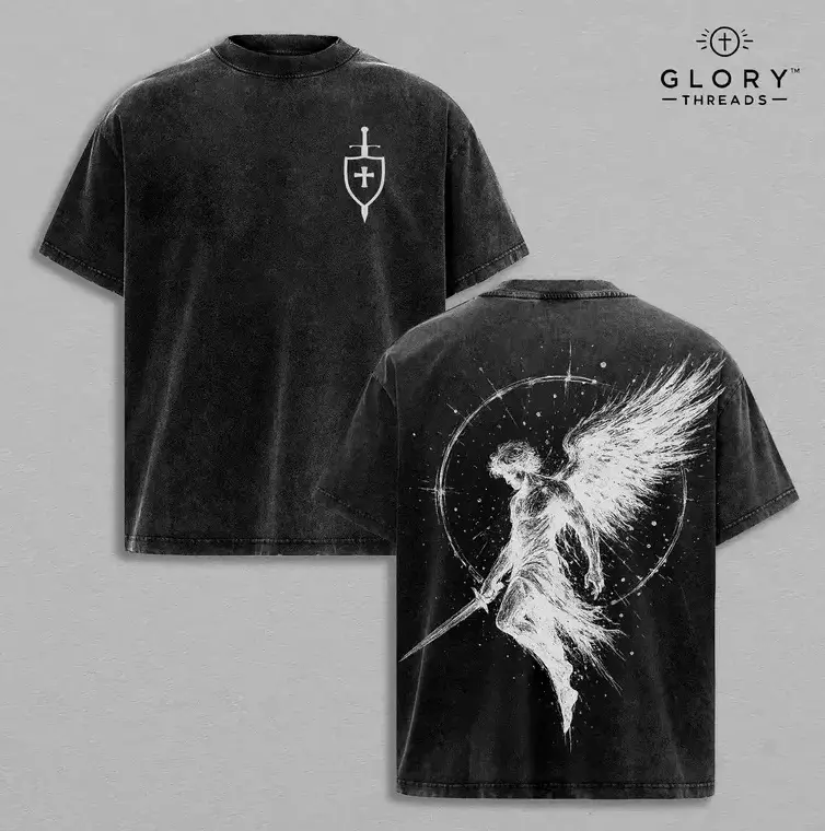 Outfits Sanctus Michael Archangelus x Flaming Sword x Shield x Scales of Justice Archangel Michael T-Shirt Saint Michael The Archangel x Flaming Sword T-Shirt Washed Church Outfit Gym Pump Cover ,Christian Religious , Jesus Apparel
