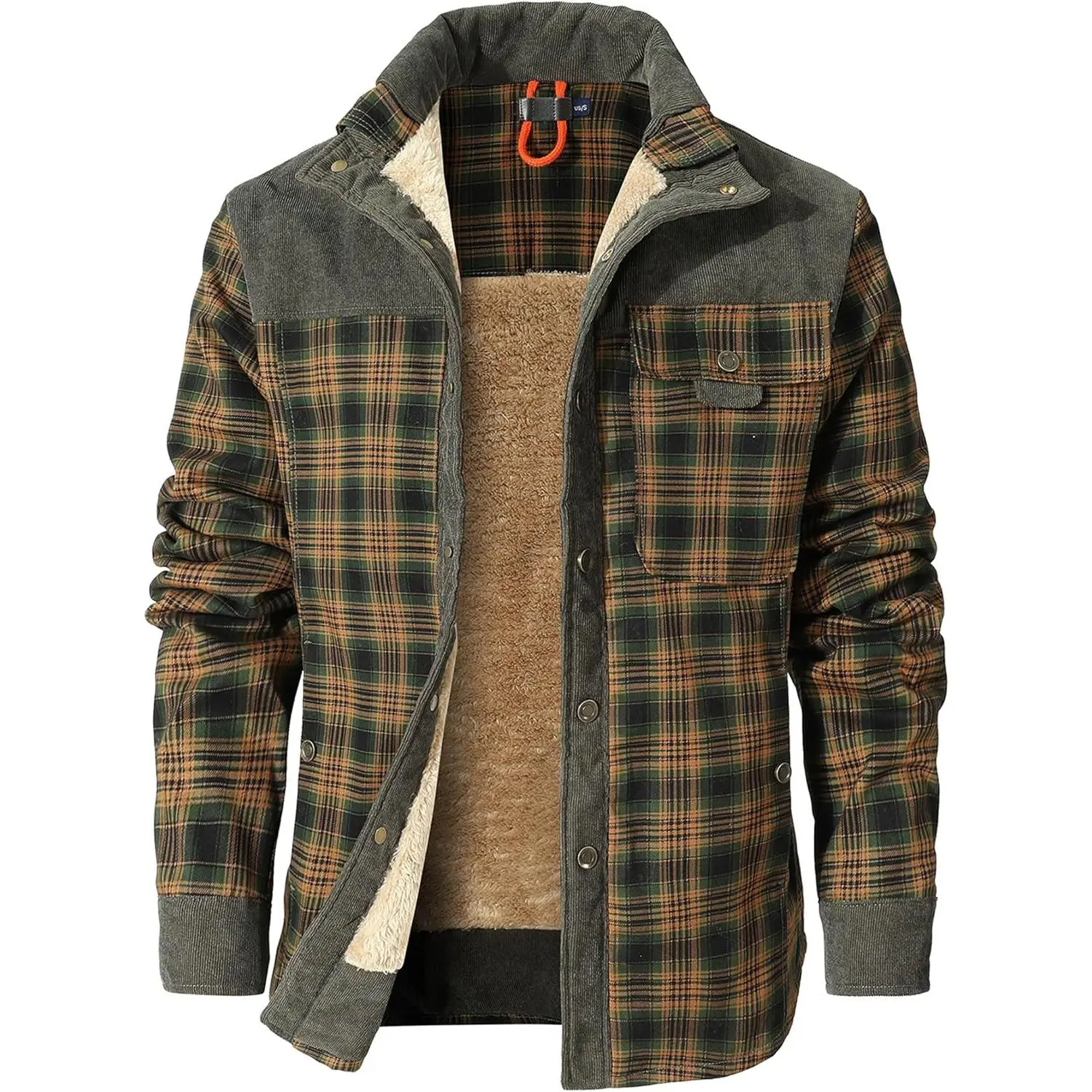 Zaitun Men's Plush Sherpa-Lined Flannel Corduroy Plaid Shirt Jacket - Long-Sleeve Button-Up, Pocketed, Ideal for Pairing with Jeans, Cowboy Pants, Sneakers, Fabric, Menswear