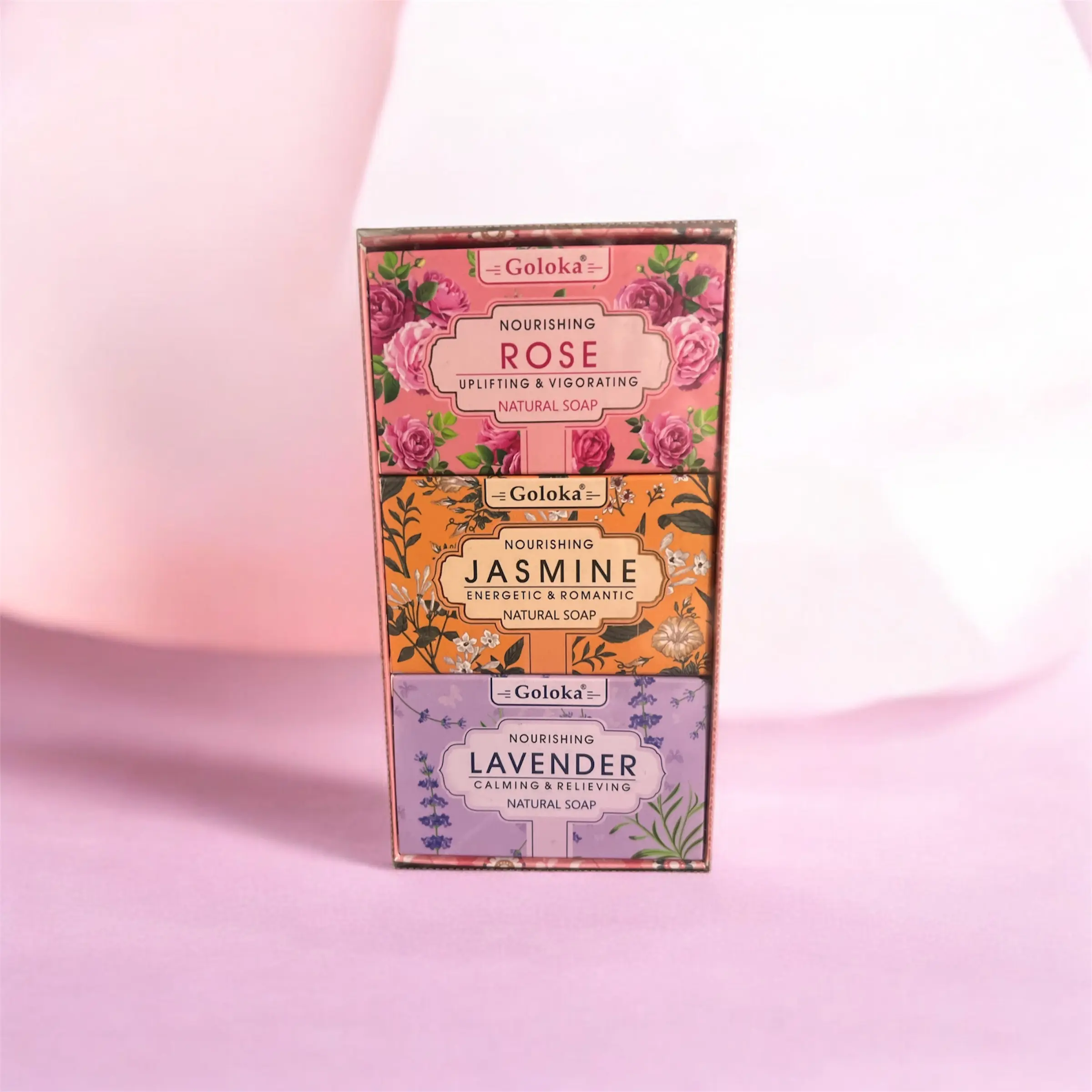 Goloka Set of 3 Nourishing Natural Soaps - Rose Jasmine & Lavender - Uplifting & Vibrant Scents for Skin Care