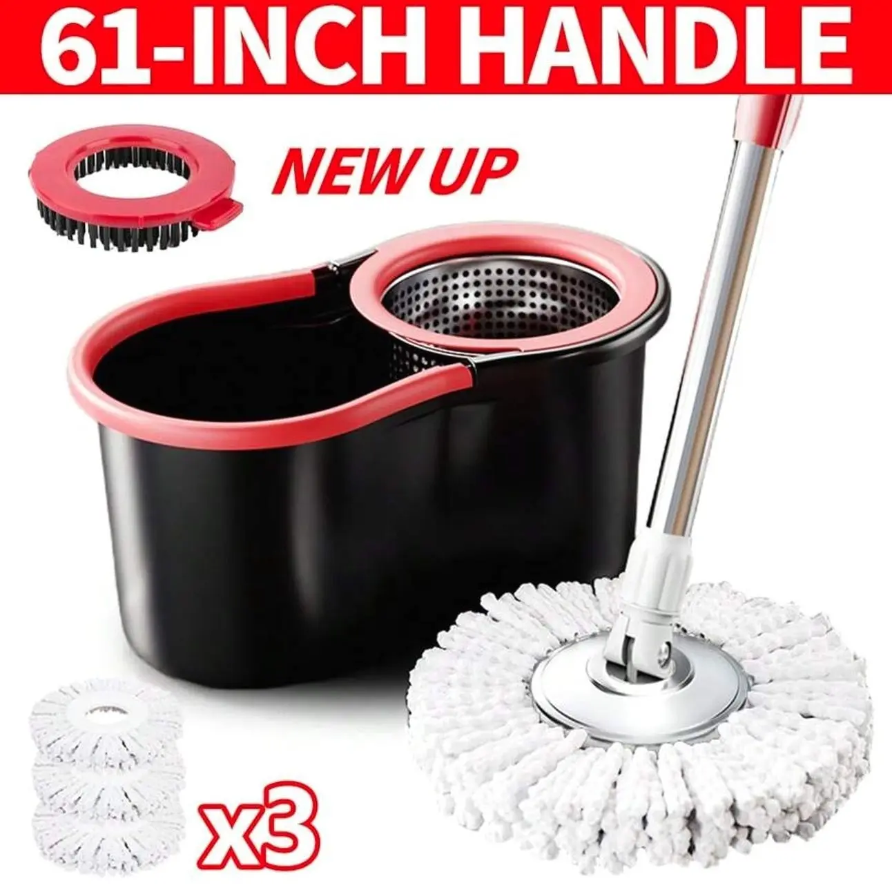 Soiven Mop And Bucket Set With 360° Rotatable Mop 3 Microfiber Heads 61-Inch Adjustable Handle Efficient Cleaning Supplies