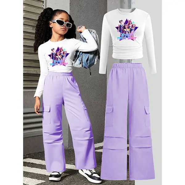 2pcs/Set Girl Group Star Idol Girls Waist Cinched Long Sleeve Top And Straight Leg Cargo Pants Set,Purple,Autumn,Cute,School,Back-To-School