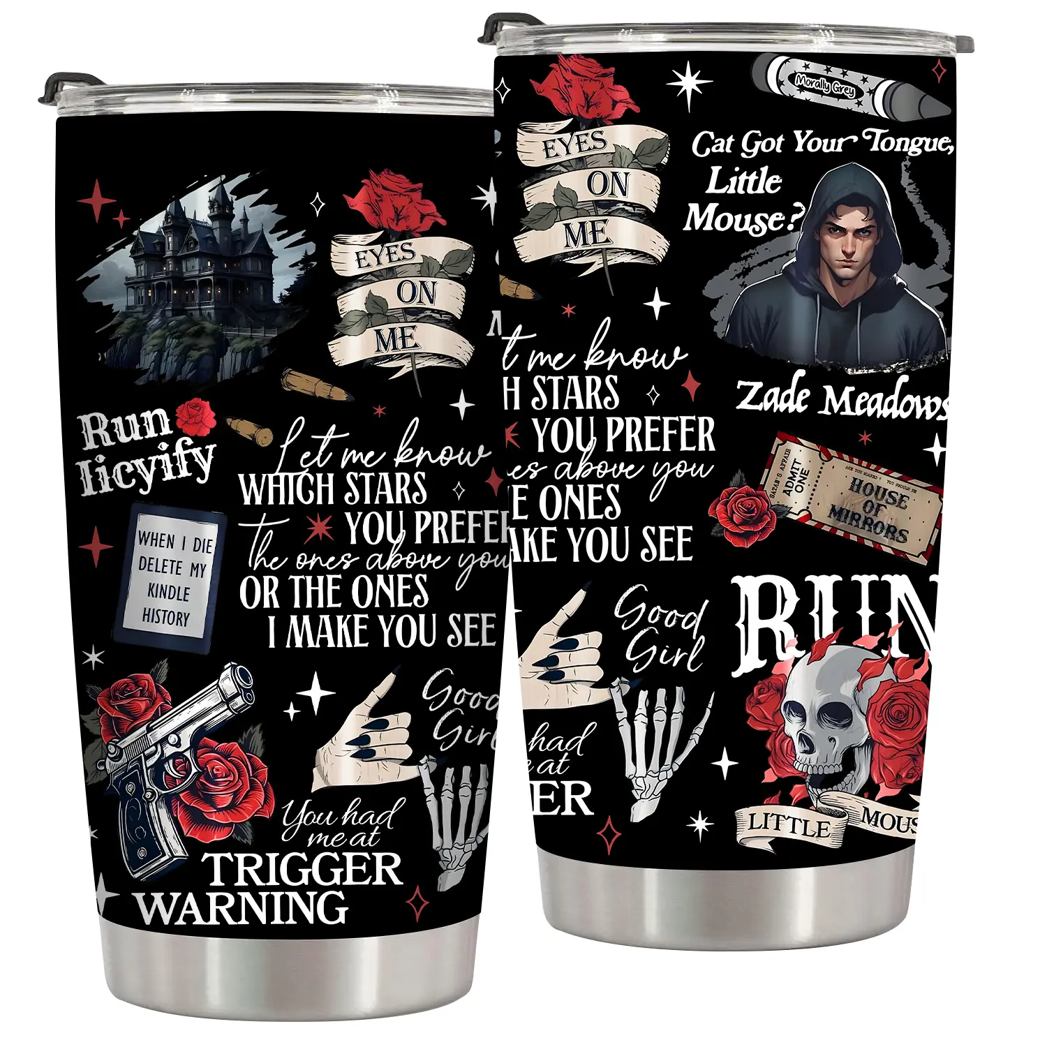 20oz Stainless Steel Insulated Vacuum Flask Mug - "Run Little Mouse" Dark Romance Watercolour Letters Animal Printed Design, Portable Haunting Adeline Book Lover Valentine’s Day Gift-Ready Flask for Her