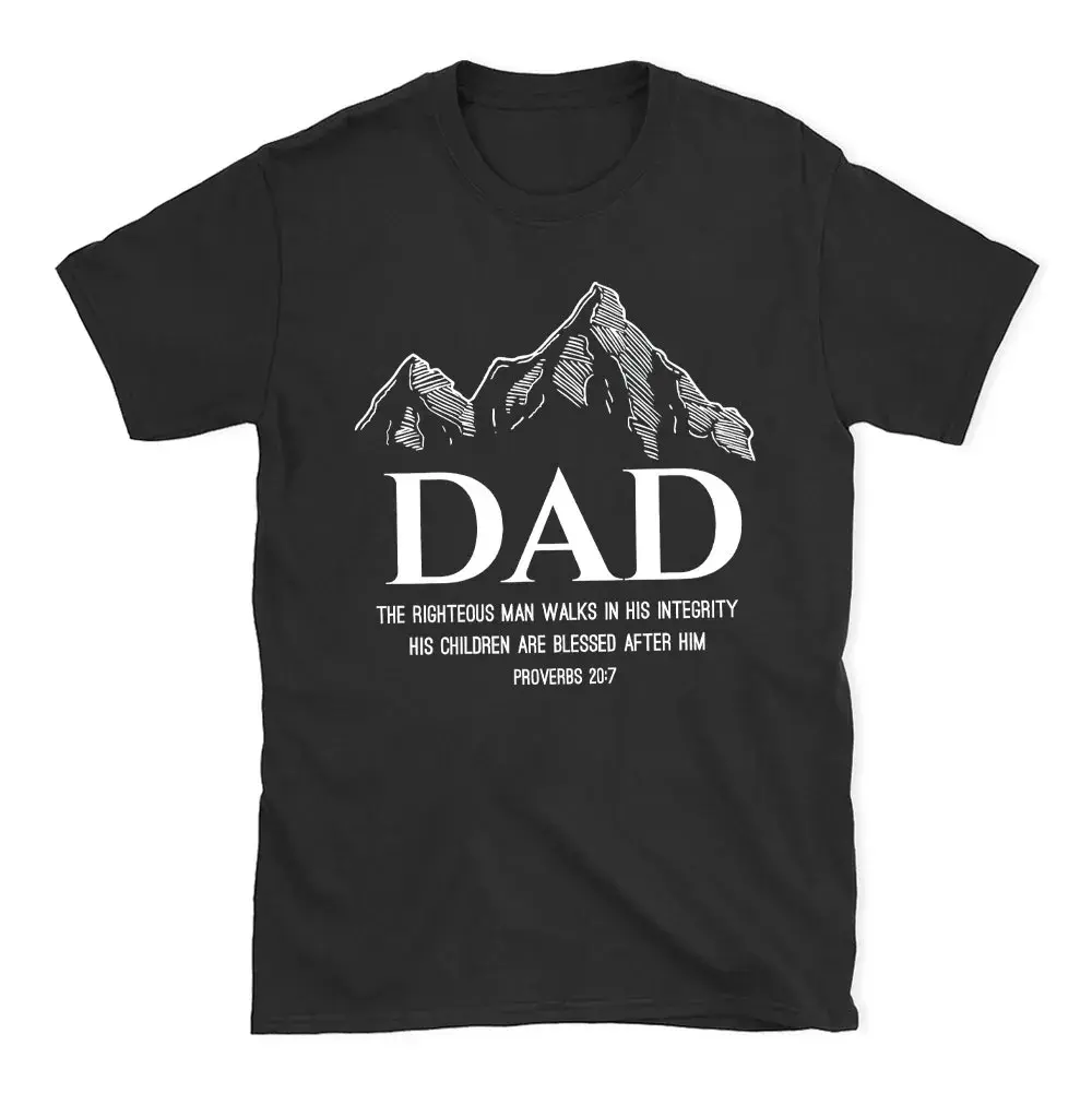 Menswear Cotton Casual Short-Sleeve Round Neck Black Graphic Christian T-Shirt - Dad Proverbs 20:7 Integrity Scripture Tee, Religious Father's Day Gift Top