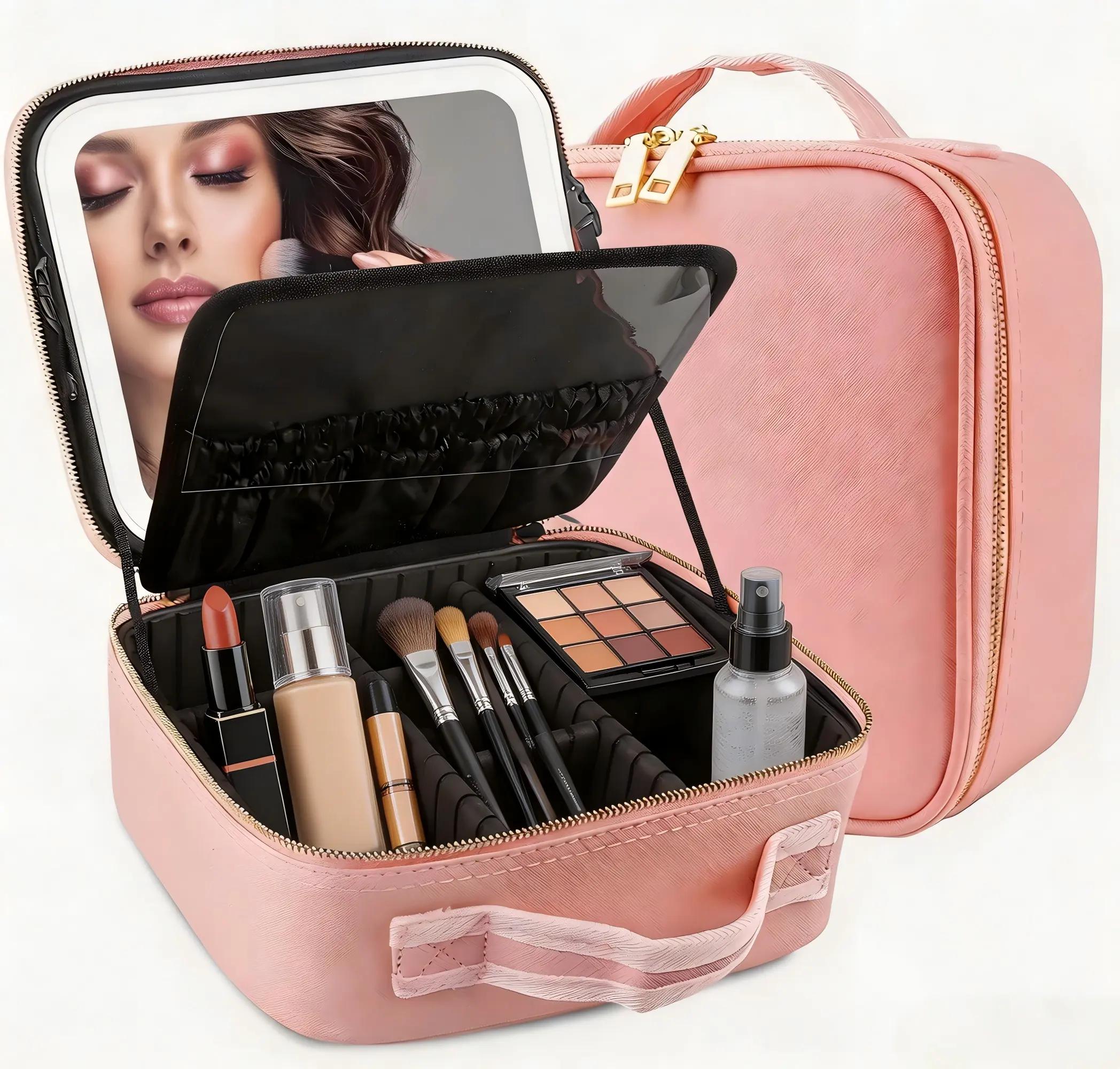 Makeup Train Case with Light & Mirror Large Cosmetic Organizer with Adjustable Dividers for Cosmetics,10X Magnifying Makeup Mirror