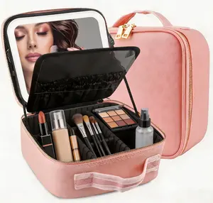 Makeup Train Case with Light & Mirror Large Cosmetic Organizer with Adjustable Dividers for Cosmetics,10X Magnifying Makeup Mirror
