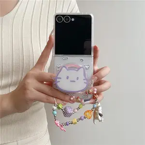 Kawaii Cartoon Cat Magnetic Phone Case For Samsung Galaxy Z Flip 7 6 5 4 3 Flip6 Flip7 Cover with Magsafe Stand Chain Cute Cases