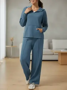 Women's Fashion Casual Hooded Half-Zip Drawstring Long Sleeve Top High Waist Pocket Wide Leg Pants Set, Two-Piece