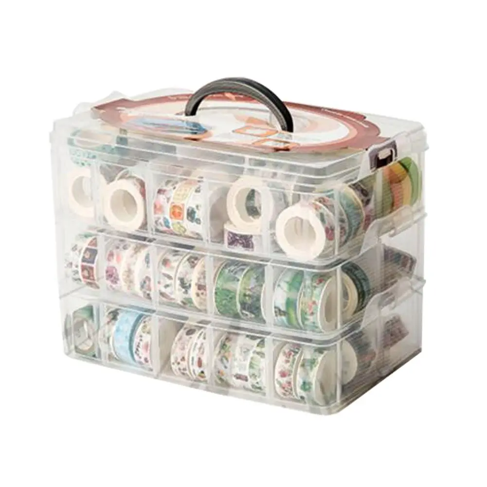 Washi Tape Box Organizer Storage,Divider Closet Container,with 30 Adjustable Compartments,Clear,Masking Tape Desktop Tape DIY Sticker Roll Tape Cutter Holder Storage,Finger Safty DispenserGift.