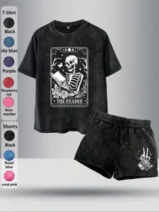 Two-Piece Set Women's Skeleton Reader Print Tee & Shorts, Casual Short Sleeve T-shirt & Skinny Shorts, Ladies Summer Clothes for Daily Wear, Suits, Lounge Shorts Set, Clothing Sets