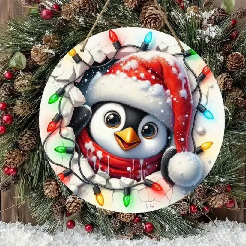 1Pc Aluminum Round Penguin Wreath Sign with Santa Hat and Scarf Colorful Lights Christmas Decor for Door Wall and Porch Holiday Decoration