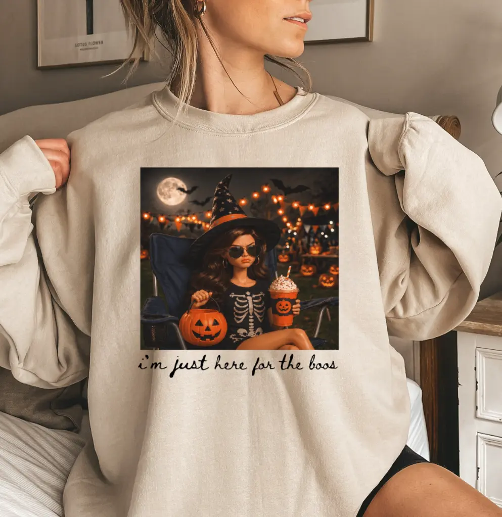 Just Here for the Boos Sweatshirt, Cute Halloween Doll Face Graphic Crewneck, Funny Spooky Season Sweater, Cozy Fall Gift for Women